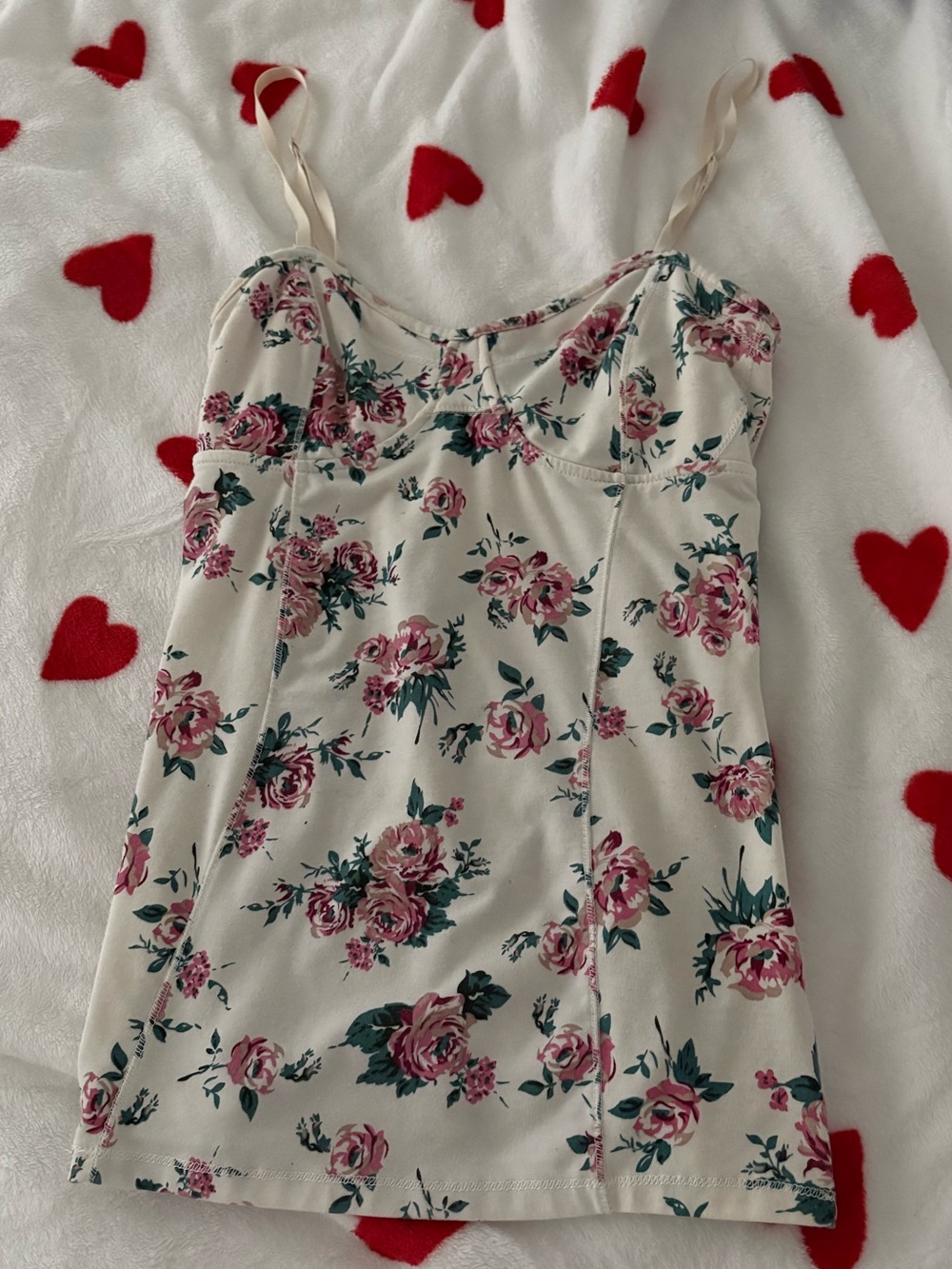 Floral Spaghetti Strap Cami Top - Cream with Pink Roses